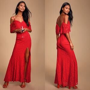 Lulus Caterina Red Lace Off-the-Shoulder Maxi Dress